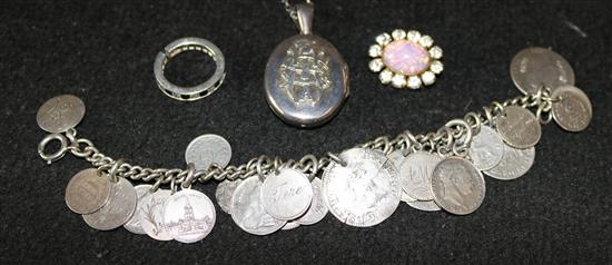 Victorian silver locket, coin bracelet and 2 items of costume jewellery